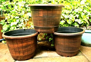 SET 2 x XXL LARGE 44CM COPPER Barrel Plant Pot Outdoor Garden Plastic Planter . - Picture 1 of 1
