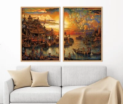 Increíble Acento Arte Japonés de un Pueblo de Pescadores Estilo 1, Juego de 2 Impresión de Póster Foto 1 de 4