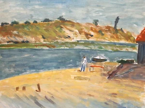 QUADRO OLIO ESPRESSIONISTA VINTAGE PAESAGGIO FLUVIALE - Foto 1 di 12