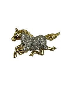 Pferd Brosche zweifarbig galoppierende Anstecknadel Strass Reiter grüne Augen Kristall 2" - Bild 1 von 4