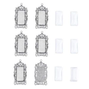 6sets DIY Alloy Pendant Settings with Glass Rectangle Cabochons Antique Silver - Picture 1 of 5