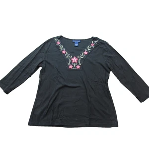 Karen Scott Shirt Womens Medium Black Embroidered Floral 3/4 Sleeve Cotton Top - Picture 1 of 7