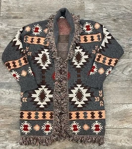 JODIFL Long Cardigan Sweater Aztec Fringe Boho Blanket Duster Southwest Medium - Picture 1 of 4