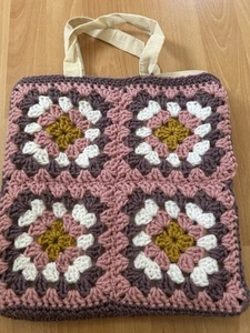 hand crochet granny square small tote bag in pinks plum white and mustard - Picture 1 of 3