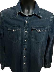 Levi’s Barstow Western Blue Denim Yoke Long Sleeve Pearl Snap Shirt Mens Medium - Picture 1 of 13