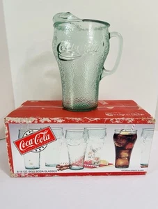 VTG Heavy Green Pebbled Glass Coca-Cola Pitcher 64 Oz w/Ice Lip~8 Glasses NIB - Picture 1 of 18