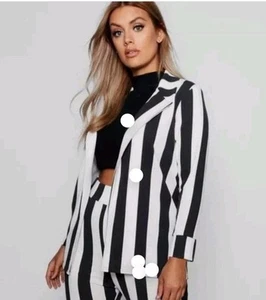 Boohoo Blazer Womens 14 White Black Wide Striped Open Front Blazer -Jacket Only - Picture 1 of 15