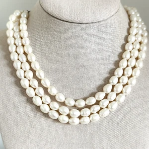 925 Sterling Silver Vintage Genuine Pearl Chunky Triple Strand 3 Row Necklace - Picture 1 of 11