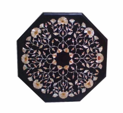 18" Black Marble Side Table Top Pietra Dura Art Work Handmade Home Decor - Image 1 of 1
