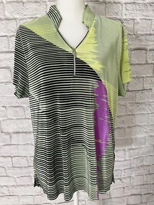 Jamie Sadock Golf Top XL Purple Green Plisse Pleated Kaleidoscope Short Sleeves - Image 1 of 4