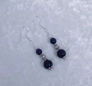 Lapis Lazuli Bead , 3.5cm Long, 925 Silver Hook Earrings. Handmade In Gift Bag - Picture 1 of 6