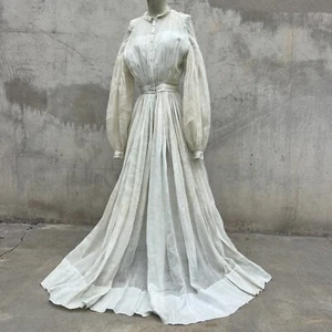 Antique 1830s 19th C  Light Blue Dress Balloon Sleeves Lace Trim Sheer Vintage - Picture 1 of 24