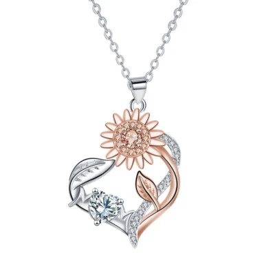 European Women Rose Sunflower Pendant Necklace Chain CZ Jewelry Silver Plated - Image 1 of 4