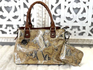 PATRICIA NASH Norcia Metallic Snakeskin Embossed Leather Satchel Bag w Zip Pouch - Picture 1 of 8