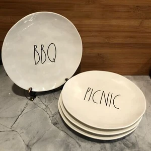 Rae Dunn Melamine 8" Plates (4) BBQ PICNIC ROAST GRILL Salad Dessert Snack NEW - Picture 1 of 6