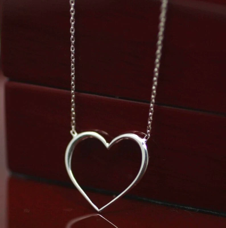 Твердый металл женщин любовь сердце подвеска цепочка 14k белое золото покрытием серебра 18» - Изображение 1 из 4
