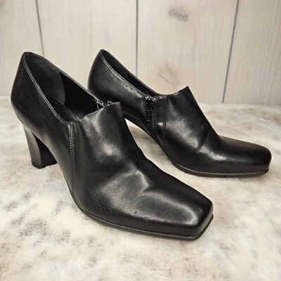 Franco Sarto Black Faux Leather Heeled Ankle Boots 7.5M Side Zipper 3.25" Heel - Image 1 of 4
