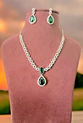 Emerald Statement Necklace Set ,925 Sterling Silver Earring With Necklace , - Image 1 of 3