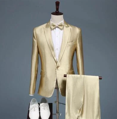 Hombres Boda Novio Dorado 2 Piezas Trajes Cantante Formal Chaqueta Blazer Pantalones Conjunto Foto 1 de 4