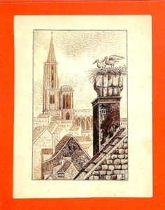 STRASBOURG ( 67 ) PETITE LITHOGRAPHIE / CIGOGNES STORKS - Picture 1 of 2