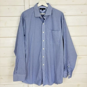 TOMMY HILFIGER Shirt Mens Size 17 L Navy White Check Long Sleeve Smart Plaid - Picture 1 of 8