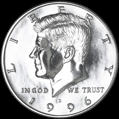 Moneda de Estados Unidos 1996 D Kennedy revestida de medio dólar "circulación promedio" Foto 1 de 3