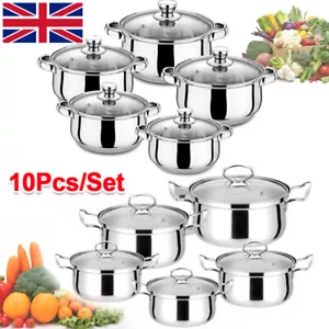 10 Piece Stainless Steel Cookware Saucepan Set Pan Pot Kitchen Cooking Glass Lid - Picture 1 of 11