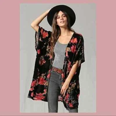 By Together Boho Red & Black Velvet Floral Kimono NWT Medium - Image 1 of 4