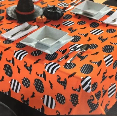 Halloween Tablecloth Bats Witch Hat Pumpkin Orange Black 60x84” New - Image 1 of 4