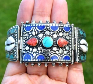 Tibetisches Silber Nepal Armband Türkis Koralle Ethno Armreif Muschel Scharnier Manschette - Bild 1 von 10