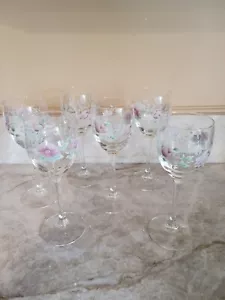 Vintage Luminarc  Stemmed Wine Glasses X 6 Stamped - Applied Flowers Pink Green  - Picture 1 of 7