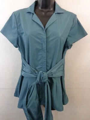 Lafayette 148 New York Blouse Women's 10 Blue Zip Front Tie Short Sleeve - Image 1 of 4