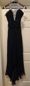 Tiffany Designs Black Halter Rhinestone Ruched Formal Dress Size 4 High-Low Hem - Picture 1 of 12