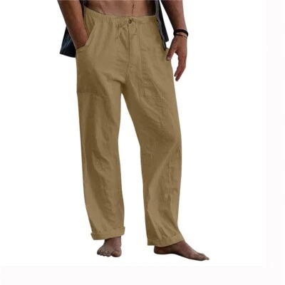 Beach Loose Men's Elasticated Drawstring Yoga Cotton Linen Summer Trousers Pants - Image 1 of 4
