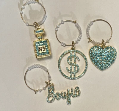 Set Of 4 Blue And Gold Sparkling Wine Charms New!   - Image 1 of 4