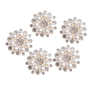 5x Crystal Faux Pearl Flower Shank Buttons Rhinestone Flatback Bridal Decor - Picture 1 of 9