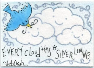 MOTTO: "EVERY CLOUD HAS A SILVER LINING" Bluebird FOLK ART WATERCOLOR PAINTING - Picture 1 of 1
