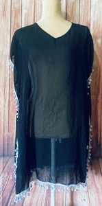 Women’s Medium Bathing Suit Cover Sheer Black White Ball Fring Silky V Neck - Picture 1 of 14