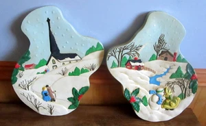 2er Set Vintage Handarbeit Kreidegeschirr Winterszenen Plaketten - Bild 1 von 11