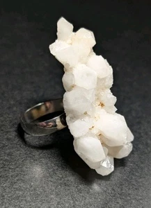 Elestial Milky Quartz Cluster Specimen Adjustable Stainless Steel Ring - Picture 1 of 7