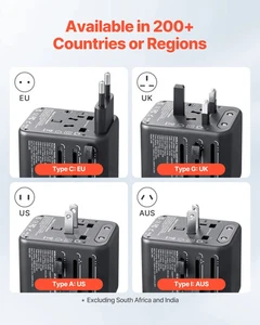 Universal Travel Adapter, 5-in-1, International European Power Adapter with 2 US - Picture 1 of 10