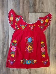 Vintage Mexican Red Green Yellow Embroidered Floral Smock Dress Girl Chest 28" - Picture 1 of 7