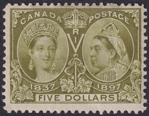 Canadá 1897 QV Jubilee $5 verde oliva como nuevo SG140 gato £1500 pérdida extensa de goma - Imagen 1 de 2