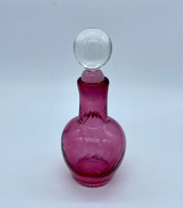 Cranberry Swirl Art Glass Perfume Bottle, Glass Ball Stopper, 6”