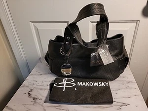 HANDBAG; B Makowsky Black Diamond Stitch Leather Shoulder Tote Bag w/slip pocket - Picture 1 of 16