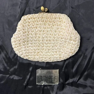 Vintage Morris Moskowitz Crochet / Woven Clutch Purse Ivory Color w/Orig. Mirror - Picture 1 of 5