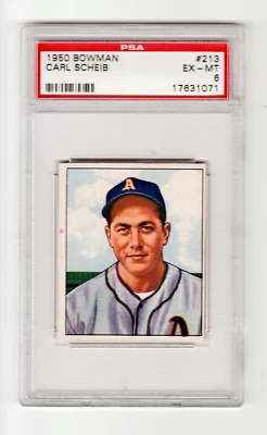 1950 BOWMAN BASEBALL CARD #213 CARL SCHEIB PSA 6 NQ MLB PHILADELPHIA ATHLETICS - Image 1 of 4