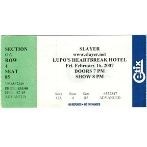 SLAYER Concert Ticket Stub PROVIDENCE RI 2/16/07 LUPO'S HEARTBREAK HOTEL Rare - Picture 1 of 2