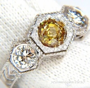 2.95CT Round Cut Real Citrine Vintage 3-Stone Wedding Ring 14K White Gold Finish - Picture 1 of 7