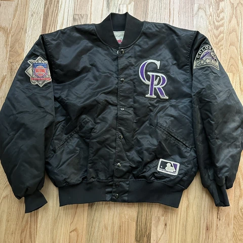 Men's Vintage 90's MLB Felco Colorado Rockies Black Satin Bomber Jacket Sz XL Cover